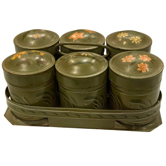 Vintage Primitive Toleware Metal Spice Canister Caddy Set Painted Floral Design - Picture 3 of 12